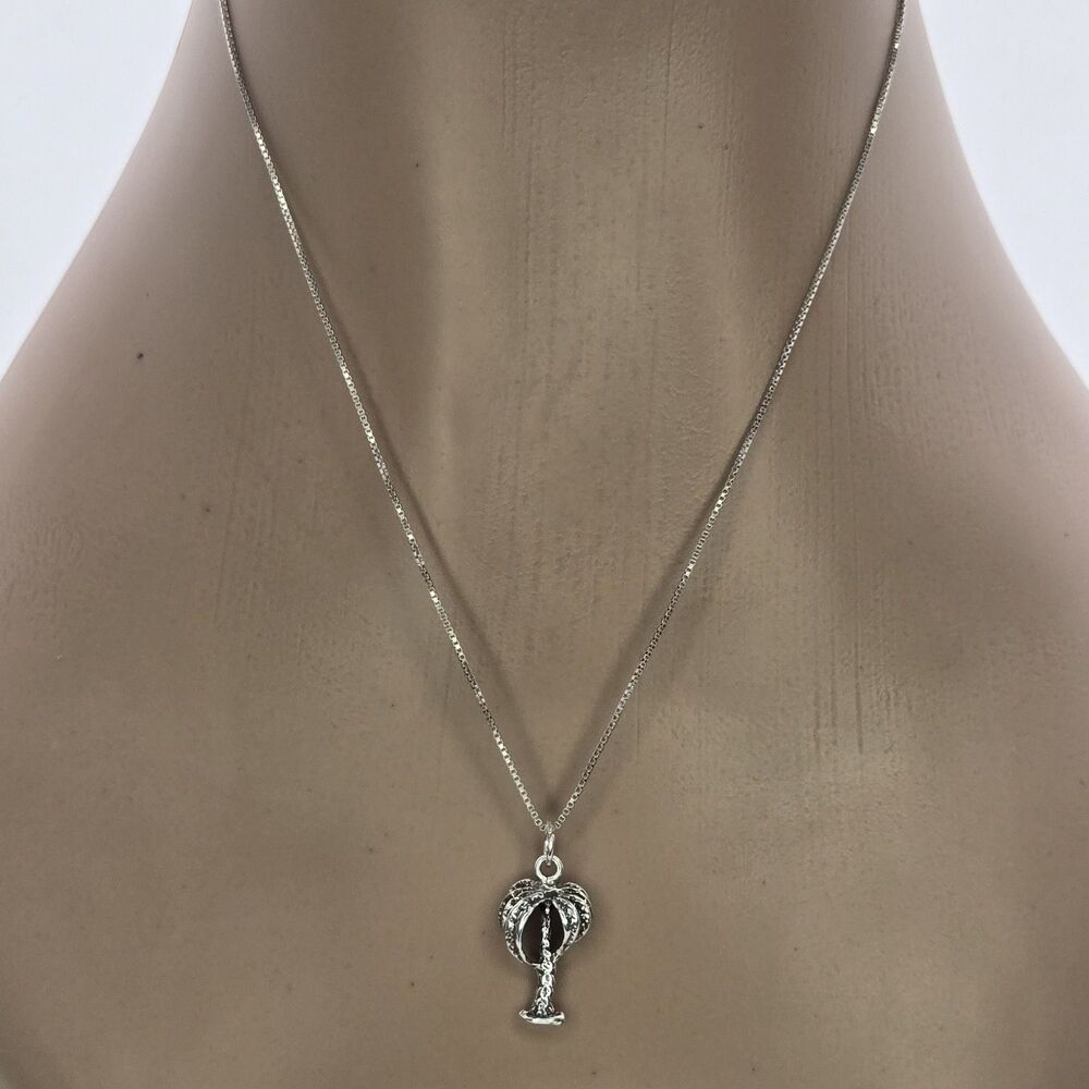 Dainty Tropical Palm Tree Pendant 19" Box Square Chain Sterling Silver 925 Set